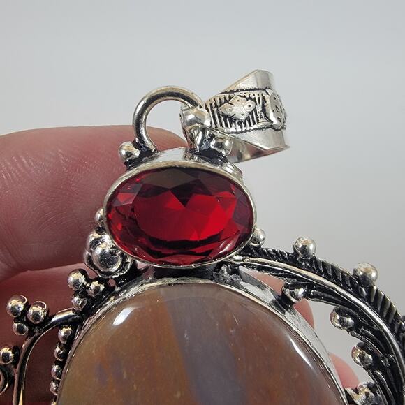 Brown Jasper Pendant – With Red Garnet Accents + 20" Sterling Silver Chain - Picture 8 of 10